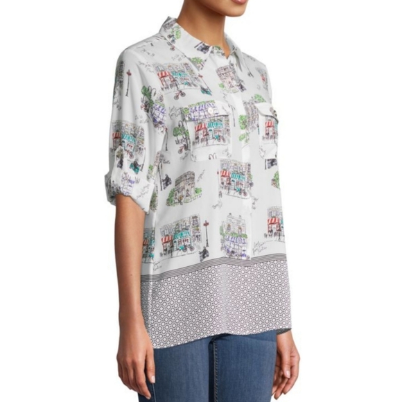 PARIS KARL LAGERFELD PARIS Mixed Print Long-Sleeve Button Down Shirt Sz - Picture 2 of 9